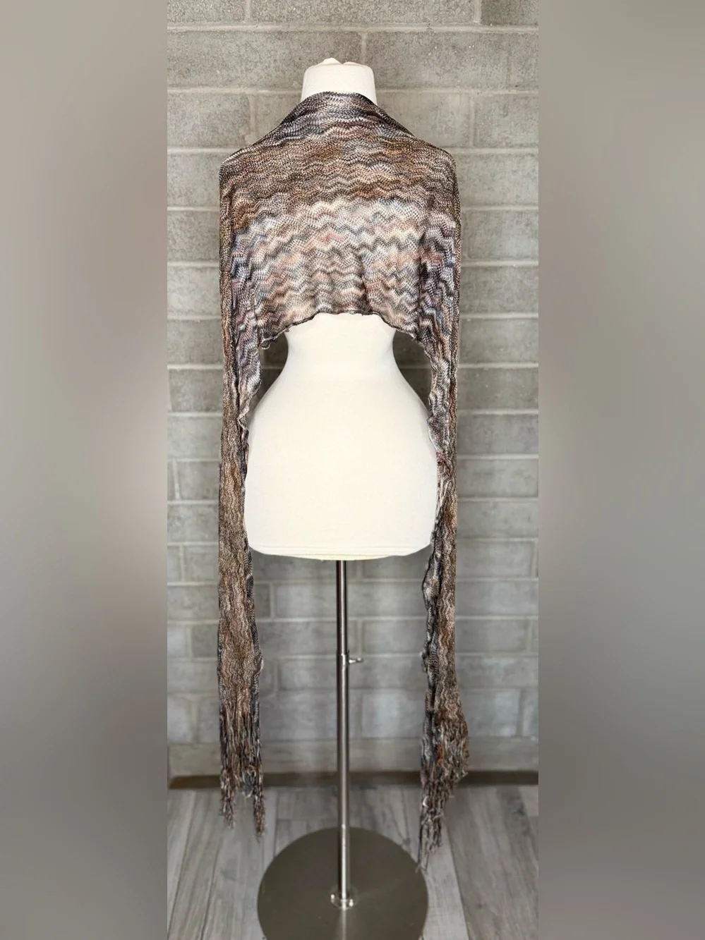 Zigzag Open Knit Scarf Shawl Wrap Brown Gray Orange Fringe Boho Lightweight